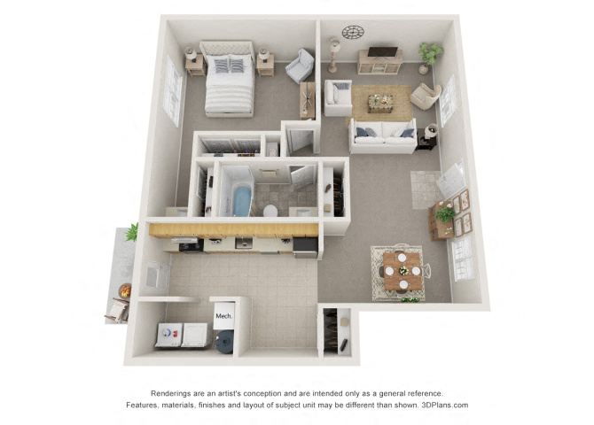 Floor plan for 1 bed, 1 bath, 979 sqft